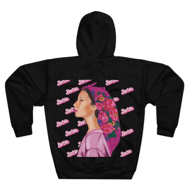 Barbie Floral Profile Hoodie — Feminine Graphic Pullover with Arabic 'Five' Accent